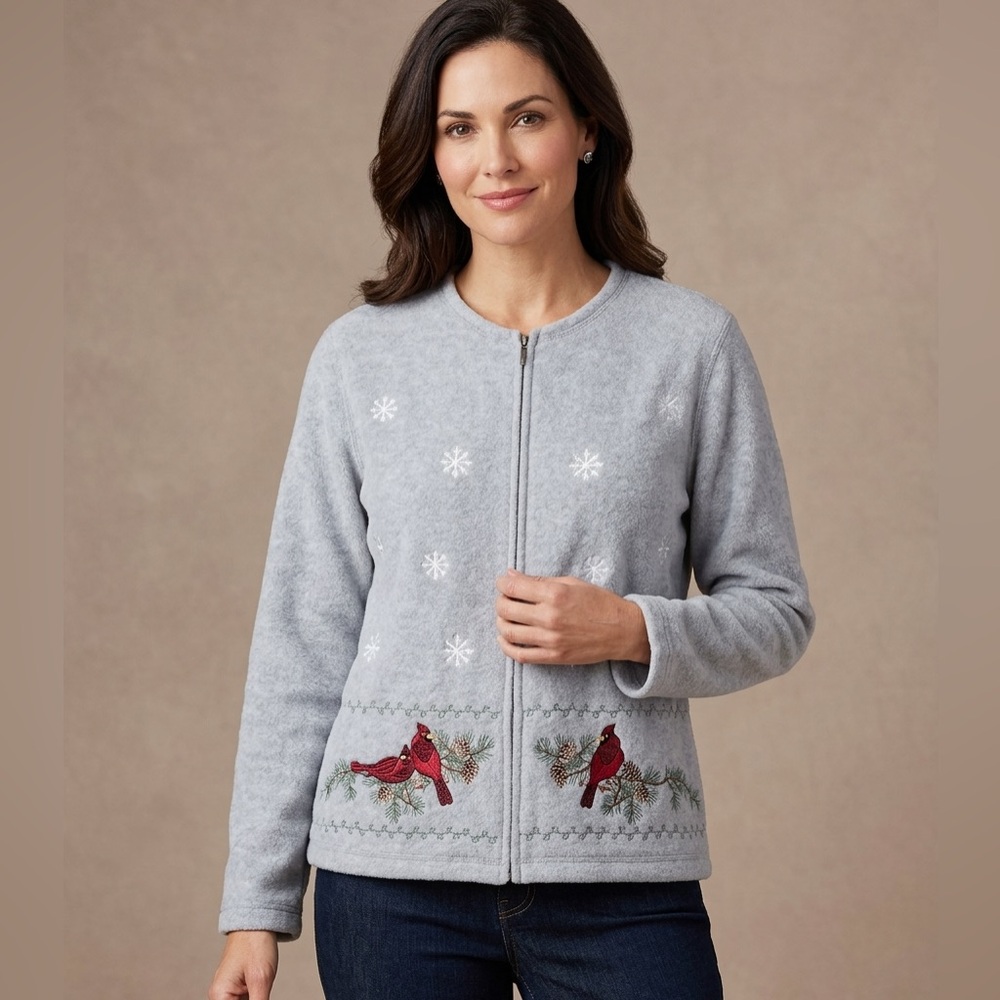 croft & barrow Gray Zip Front Sweater Red Cardinal Embroidery Medium Petite